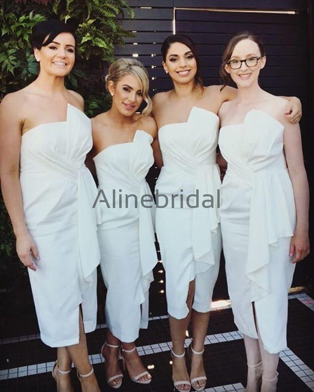 Ivory Silt Fashion Unique Strapless Ankle Length Sheath Bridesmaid Dresses , AB4033