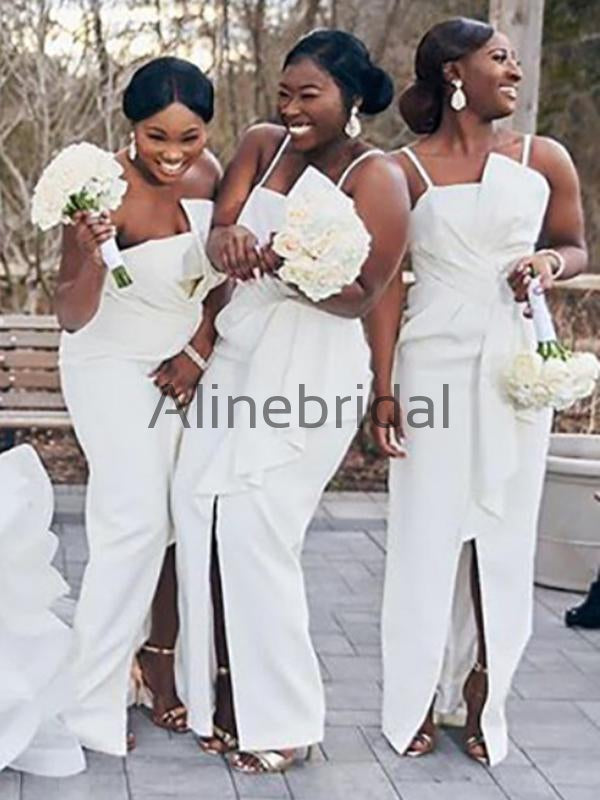 Ivory Spaghetti Strap Unique Sheath Front Silt Bridesmaid Dresses, AB4034