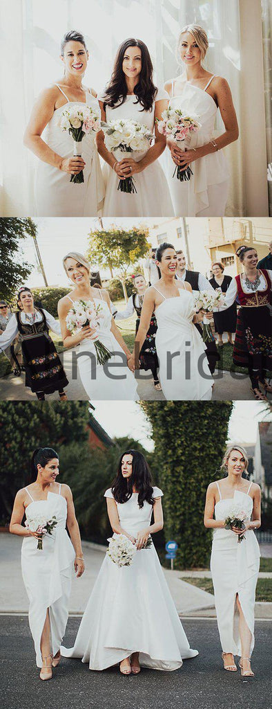 Ivory Spaghetti Strap Unique Sheath Front Silt Bridesmaid Dresses, AB4034