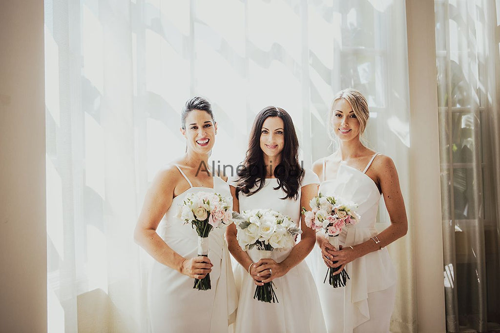 Ivory Spaghetti Strap Unique Sheath Front Silt Bridesmaid Dresses, AB4034