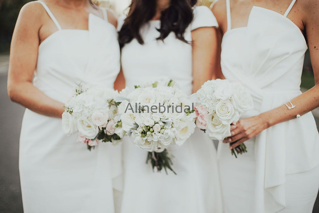 Ivory Spaghetti Strap Unique Sheath Front Silt Bridesmaid Dresses, AB4034