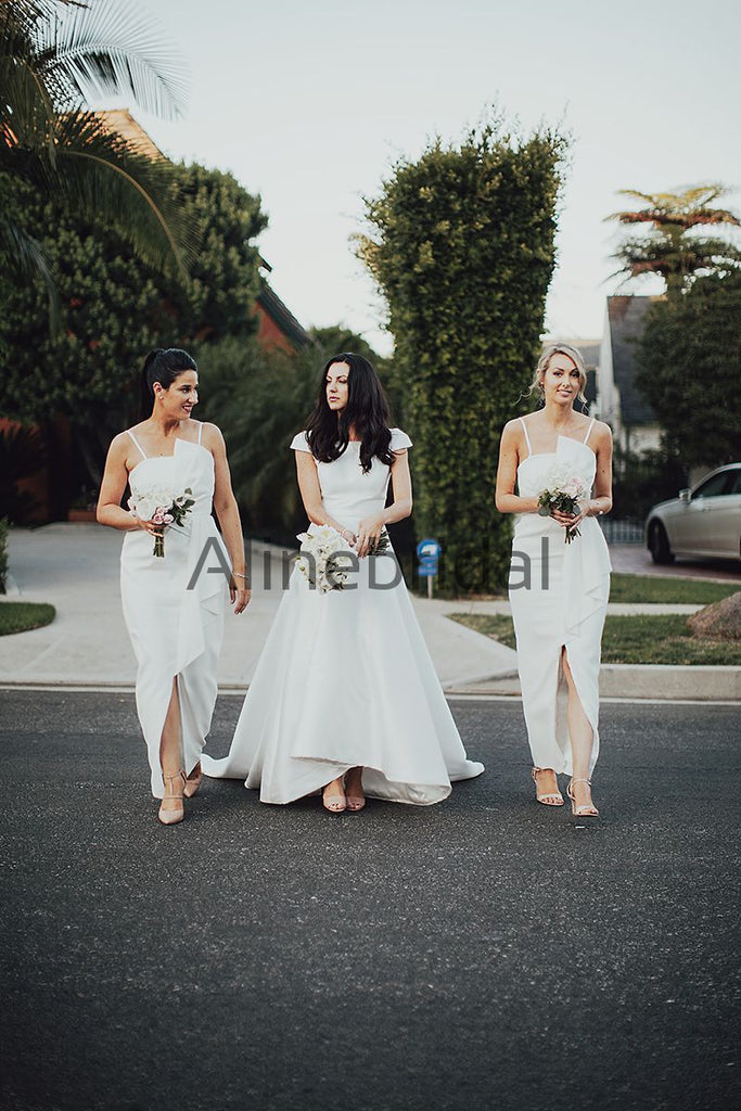 Ivory Spaghetti Strap Unique Sheath Front Silt Bridesmaid Dresses, AB4034