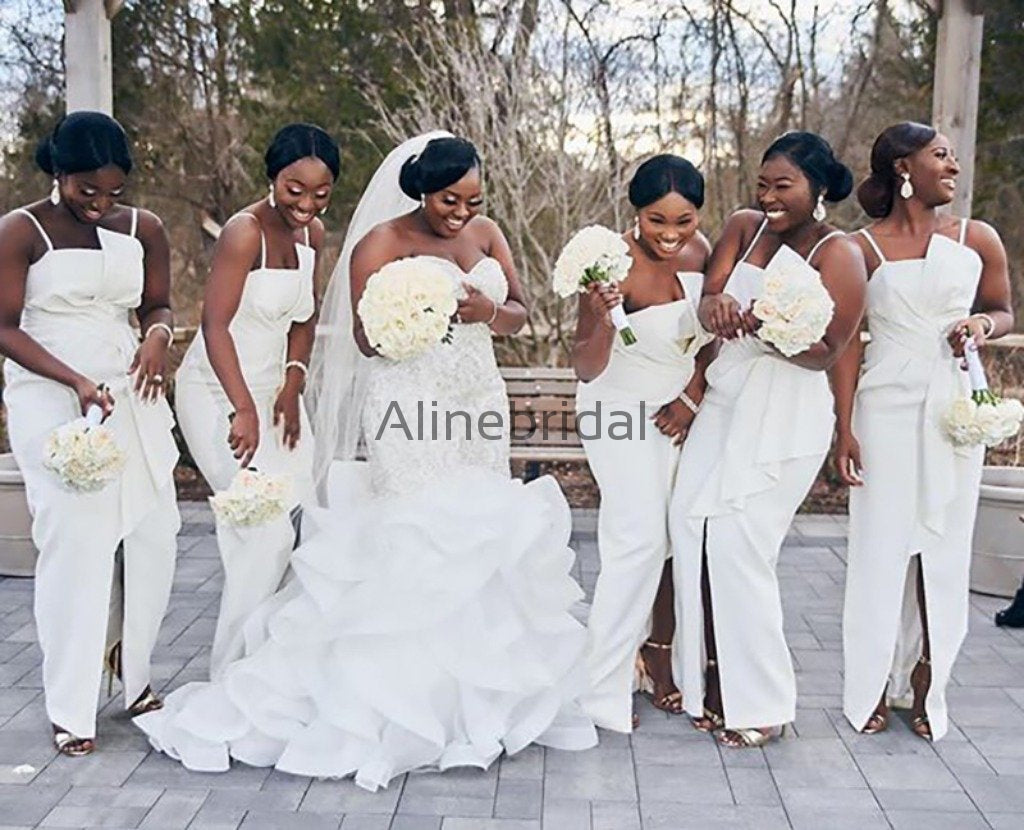 Ivory Spaghetti Strap Unique Sheath Front Silt Bridesmaid Dresses, AB4034