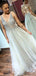 Ivory Tulle Sequin Beads V-neck Backless Prom Dresses,PD00365
