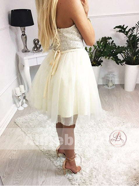 Ivory Tulle Silver Beads Sweetheart Strapless Homecoming Dresses,HD0008