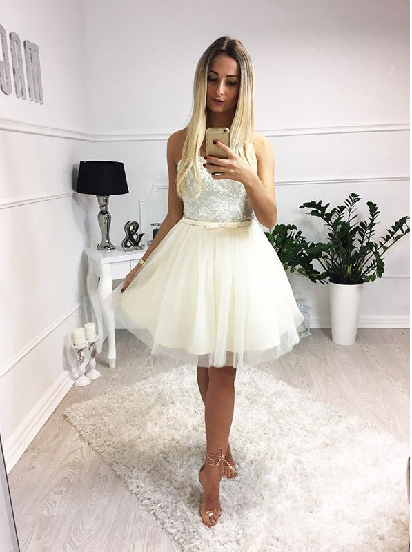 Ivory Tulle Silver Beads Sweetheart Strapless Homecoming Dresses,HD0008