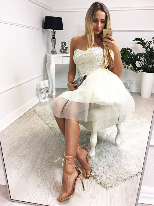 Ivory Tulle Silver Beads Sweetheart Strapless Homecoming Dresses,HD0008