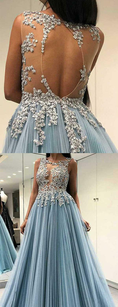Light Blue Tulle Applique Open Back Sleeveless Prom Dresses ,PD00196