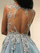 Light Blue Tulle Applique Open Back Sleeveless Prom Dresses ,PD00196