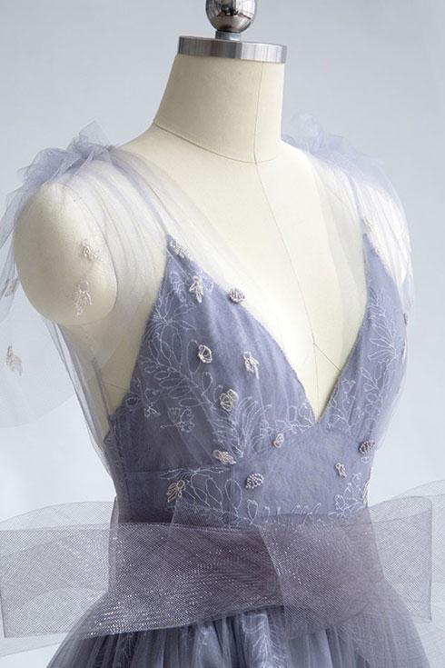 Light Grey Spaghetti Strap Lace Tulle V-neck Long  Prom Dresses,PD00075