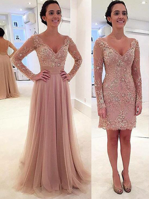 Long Sleeve Lace Tulle Pink Sexy V-neck Formal Prom Dresses,PD0034