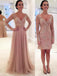 Long Sleeve Lace Tulle Pink Sexy V-neck Formal Prom Dresses,PD0034