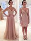 Long Sleeve Lace Tulle Pink Sexy V-neck Formal Prom Dresses,PD0034