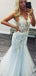 Ethereal Floral Blue Mermaid Long Tulle Prom Dresses, PD1051