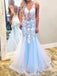 Ethereal Floral Blue Mermaid Long Tulle Prom Dresses, PD1051