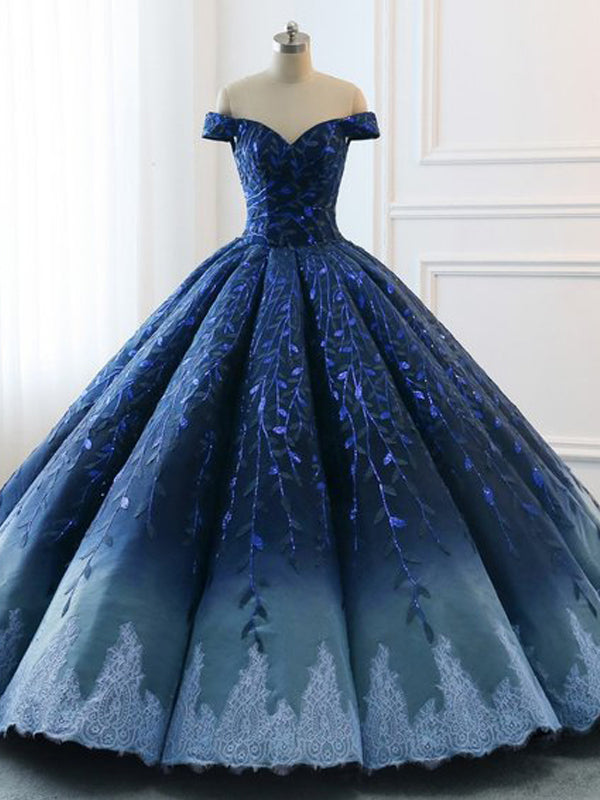 Navy Lace Applique Off Shoulder Ball Gown Princess Prom Dresses ,PD00137