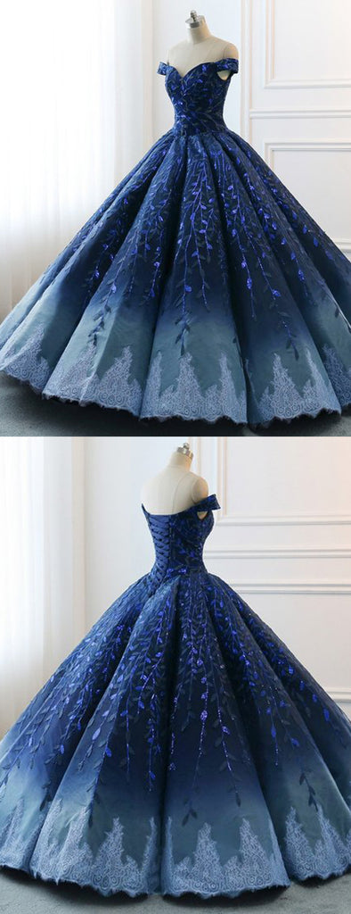 Navy Lace Applique Off Shoulder Ball Gown Princess Prom Dresses ,PD00137