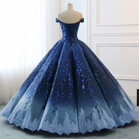 Navy Lace Applique Off Shoulder Ball Gown Princess Prom Dresses ,PD00137