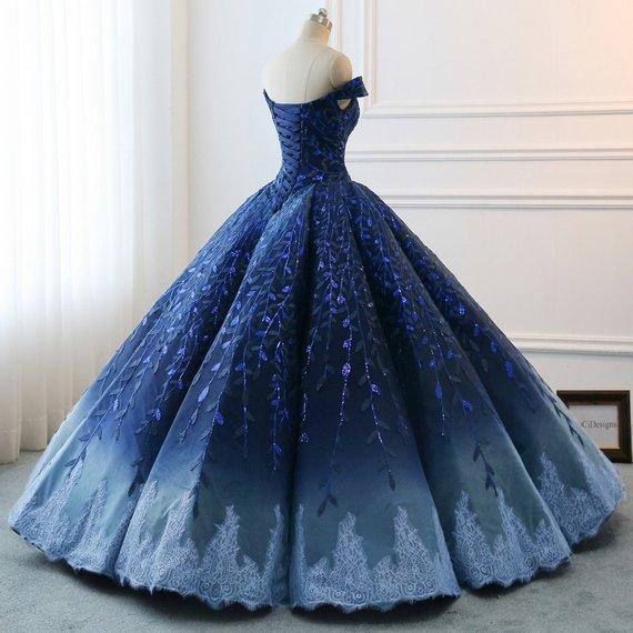 Navy Lace Applique Off Shoulder Ball Gown Princess Prom Dresses ,PD00137