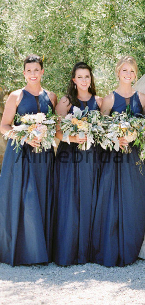 Navy Satin Round Neck Sleeveless A-line Bridesmaid Dresses, AB4129