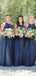 Navy Satin Round Neck Sleeveless A-line Bridesmaid Dresses, AB4129