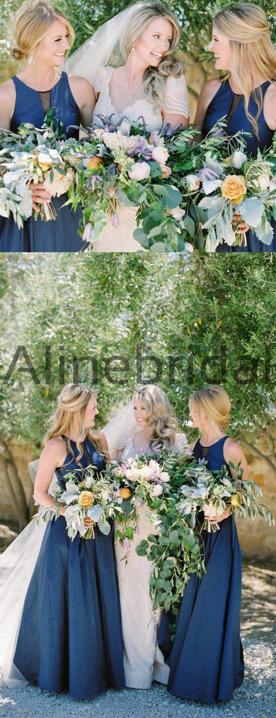 Navy Satin Round Neck Sleeveless A-line Bridesmaid Dresses, AB4129