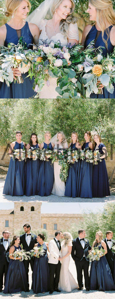 Navy Satin Round Neck Sleeveless A-line Bridesmaid Dresses, AB4129