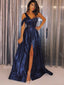 Sparkly Navy Blue Sequins One Shoulder A-line Long Prom Dress with Slit, PD00341