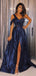 Sparkly Navy Blue Sequins One Shoulder A-line Long Prom Dress with Slit, PD00341