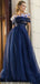 Navy Tulle Off Shoulder Fashion A-line Prom Dresses ,PD00193