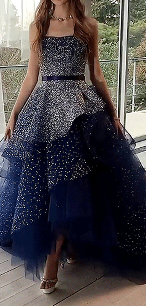 Navy Tulle Silver Beading Sequin Ball Gown Prom Dresses.PD00224