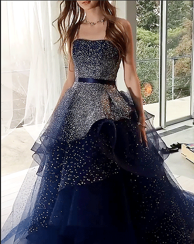Navy Tulle Silver Beading Sequin Ball Gown Prom Dresses.PD00224