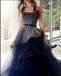 Navy Tulle Silver Beading Sequin Ball Gown Prom Dresses.PD00224