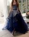 Navy Tulle Silver Beading Sequin Ball Gown Prom Dresses.PD00224