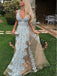 Nude Tulle Blue Applique A-line Sleeveless Charming Prom Dresses.PD00228