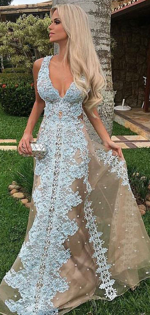 Nude Tulle Blue Applique A-line Sleeveless Charming Prom Dresses.PD00228