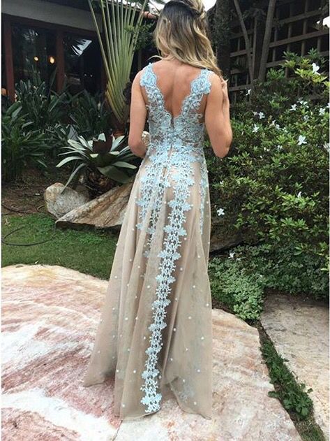 Nude Tulle Blue Applique A-line Sleeveless Charming Prom Dresses.PD00228