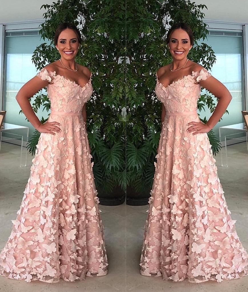 Off Shoulder Blush Pink 3D Butterfly Applique A-line Prom Dresses .PD00247