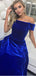 Off Shoulder Royal Blue Velvet Elegant A-line Prom Dresses,PD00322