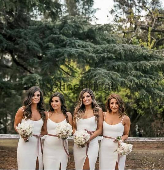 Off White Spaghetti Strap Slit Sheath Rose Ribbon Bridesmaid Dresses, AB4058