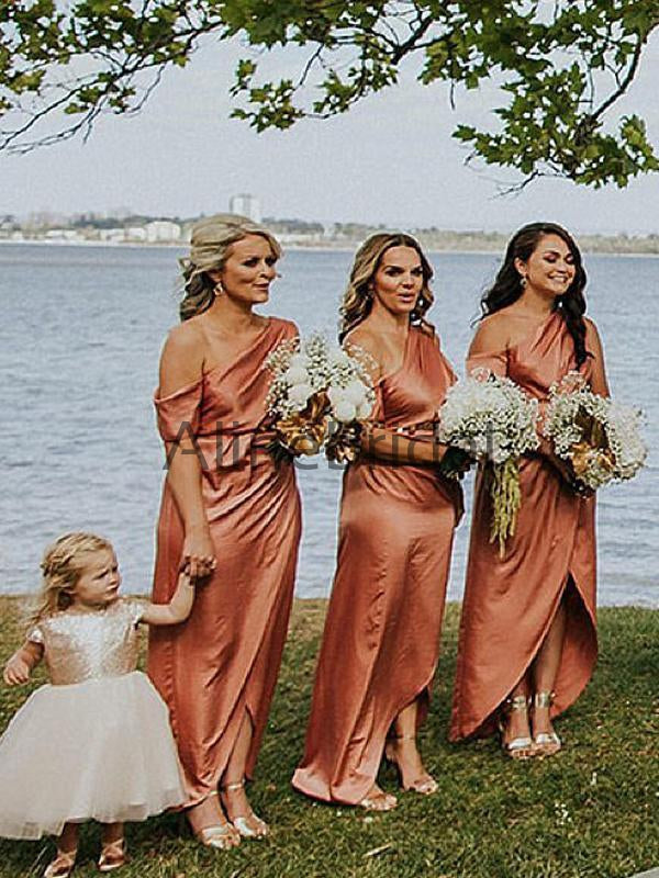 Orange One Shoulder Front Slit Mismatched Bridesmaid Dresses , AB4127