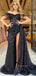 Sexy Sparkly Black Off-shoulder Sweetheart Side-slit A-line Long Prom Dress, PD3500