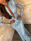 Pale Blue Lace Long Sleeve Sheath Illusion Back Prom Dresses,PD00203