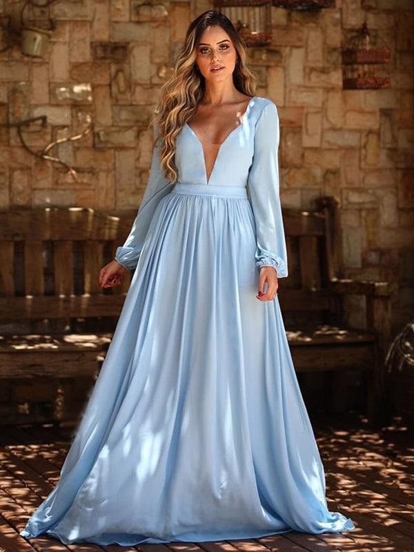 Pale Bule Satin Chiffon Long Sleeve A-line Prom Dresses,PD00348