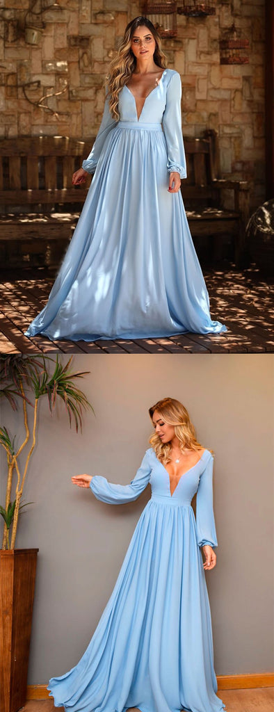Pale Bule Satin Chiffon Long Sleeve A-line Prom Dresses,PD00348