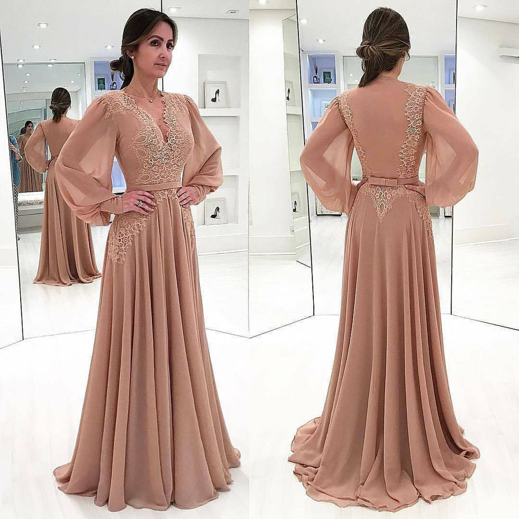 Pink Chiffon Long Sleeve Applique A-line Elegant Prom Dresses,PD00204