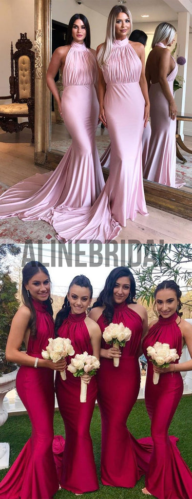 Pink Jersey Halter Backless Mermaid Birdesmaid Dresses, AB4016