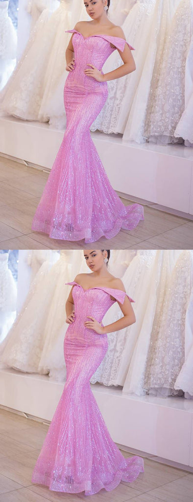 Glamours Pink Off the Shoulder Sequins Mermaid Organza Prom Dress, Evening Gown, PD00342