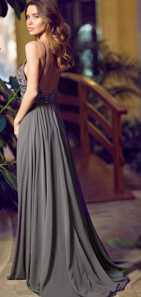 Popular Gray Chiffon Cheap Backless Sexy Evening Prom Dresses,PD0032
