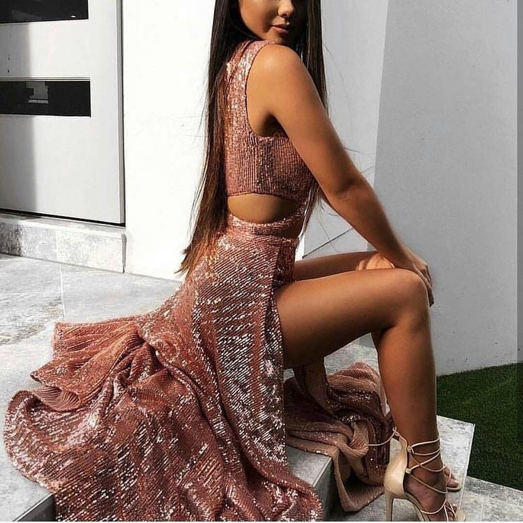 Rose Gold Sequin Sexy Side Slit Sleeveless Prom Dresses, PD00183